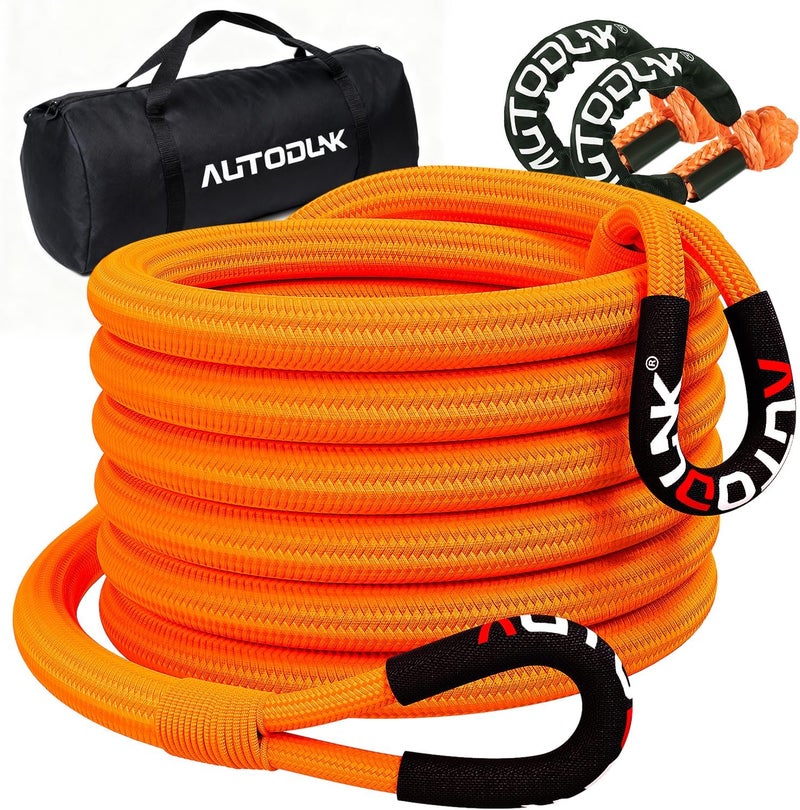 AUTODUNK 1-1/8" x 30' Kinetic Recovery Tow Rope (48,600lbs), with 2 Soft Shackles Offroad Recovery Kit for 4WD Pick Up Truck, SUV, ATV, UTV (Orange) - Image 1